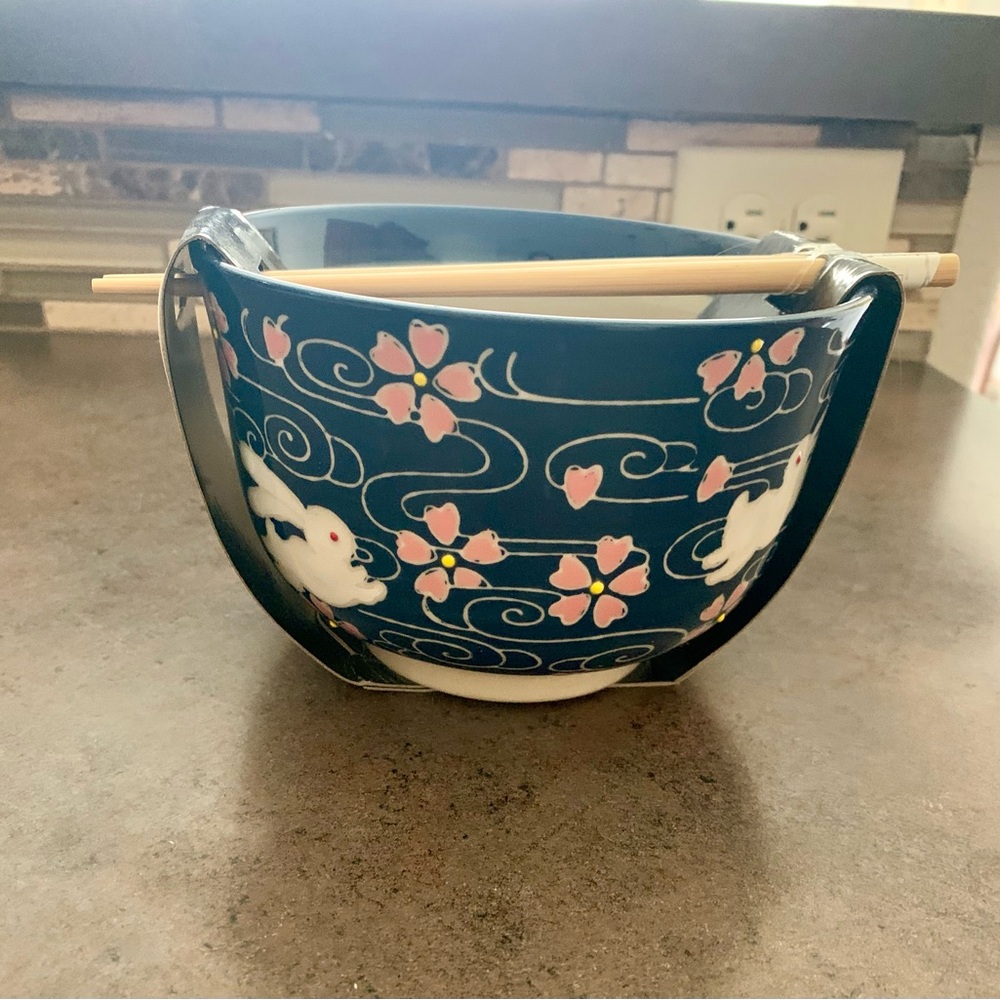Blue and Pink Ramen Bowl with Chopsticks